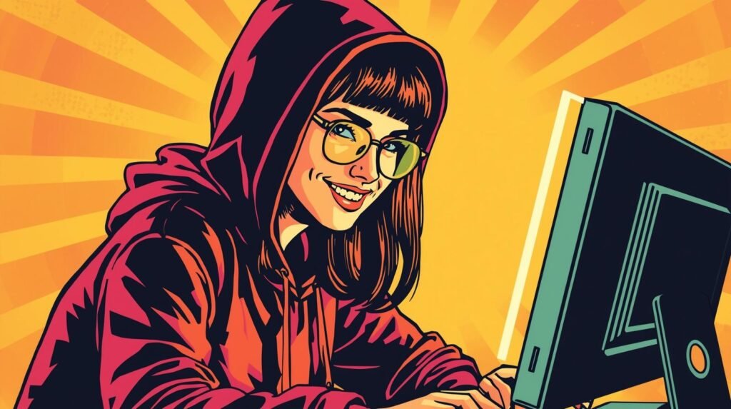 Vibrant pop-art illustration of a smiling person in a red hoodie engaged with a computer.