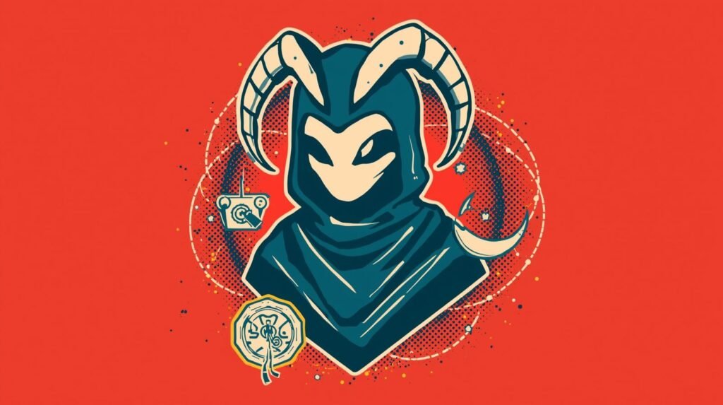 Mystical hooded character with horns, surveillance elements, celestial symbols, vibrant orange background.
