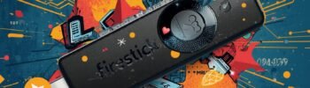 Firestick device with vibrant colors and tech motifs showcasing digital entertainment excitement.