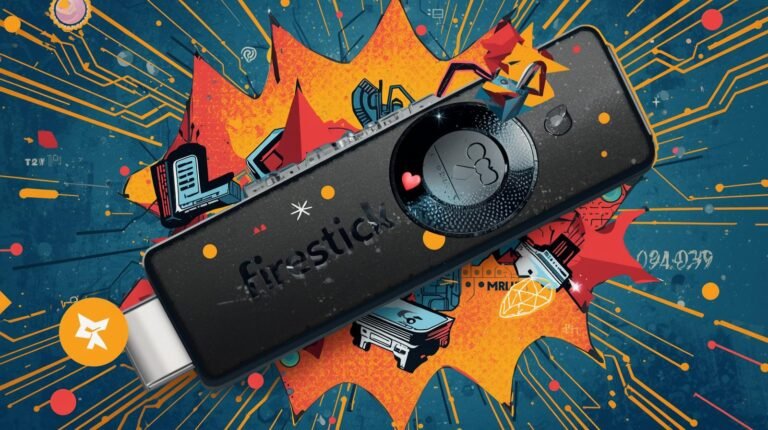 Firestick device with vibrant colors and tech motifs showcasing digital entertainment excitement.