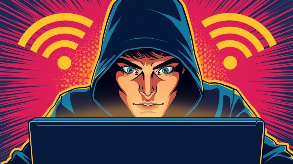 WiFi Monitor Mode Problems: Why Your Adapter Refuses to Listen 📡 5 Tech-savvy character in hoodie at laptop with digital connectivity symbols, comic book style.