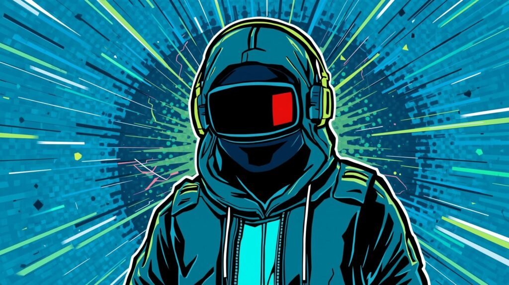 Futuristic hooded figure with cyberpunk elements, vibrant digital background.