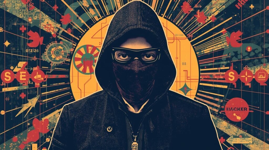 Mysterious hacker in digital art, technology and cybersecurity theme, intense eyes behind glasses.