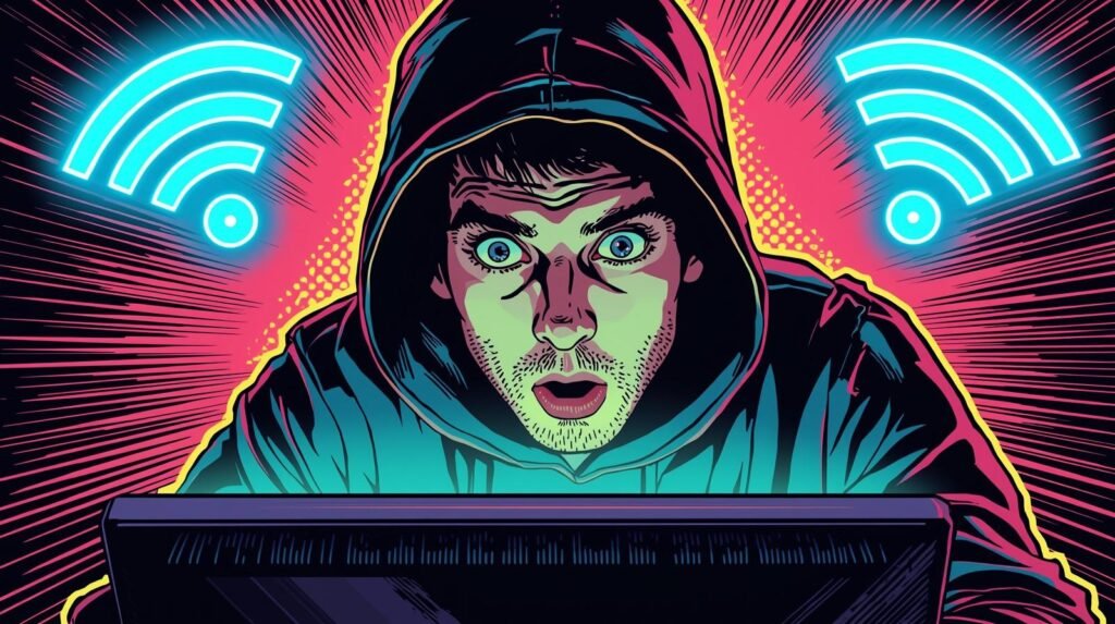 WiFi Monitor Mode Problems: Why Your Adapter Refuses to Listen 📡 6 Shocked person in hoodie sees surprising digital content on computer, neon Wi-Fi symbols glow.