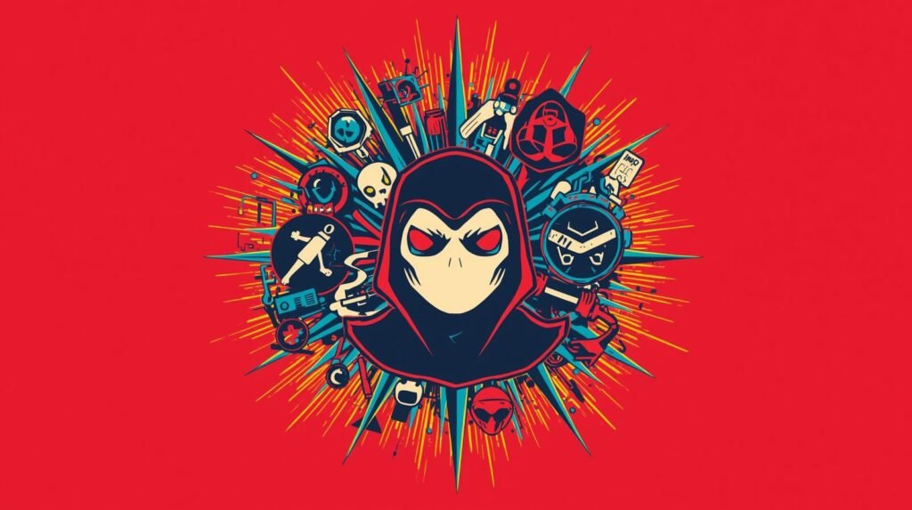 Hooded cartoon character with red eyes and vibrant symbols, against a bold red background.