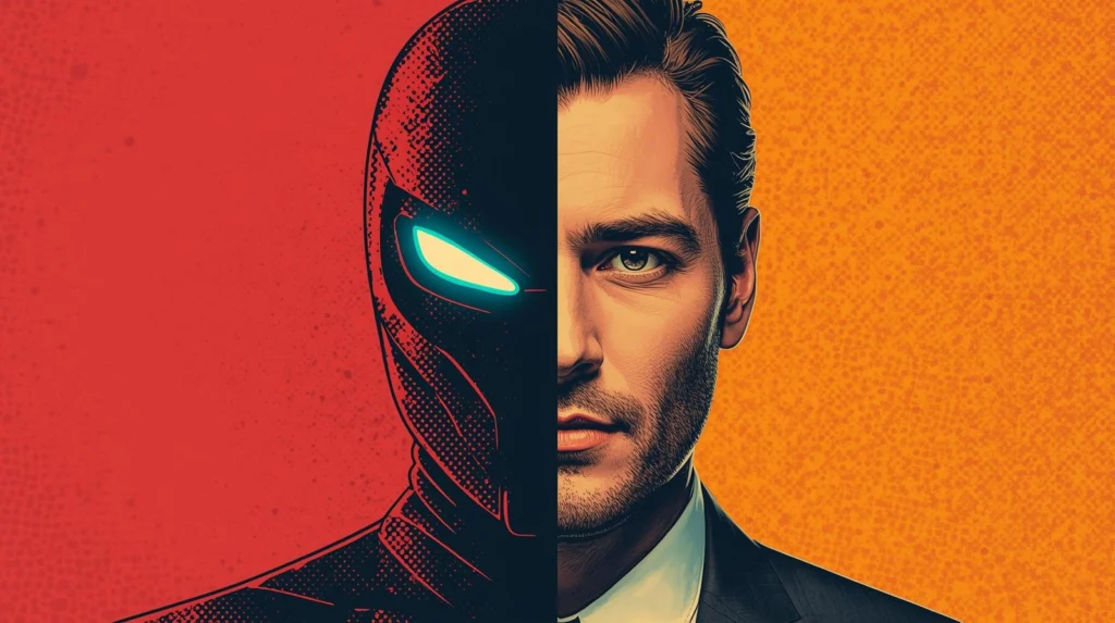 Dual identity face: comic superhero mask and realistic man in a suit.