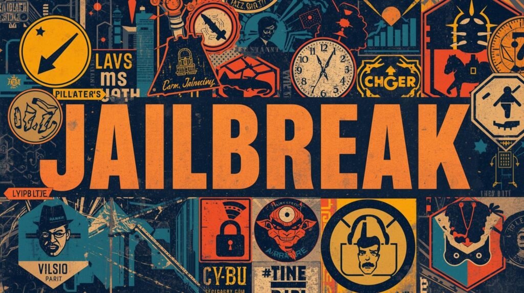 Dynamic collage with JAILBREAK theme, vibrant colors, diverse symbols, and retro-modern elements.