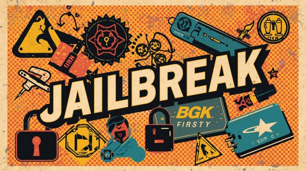 Jailbreak comic-style design with escape symbols, locks, and vibrant orange background.