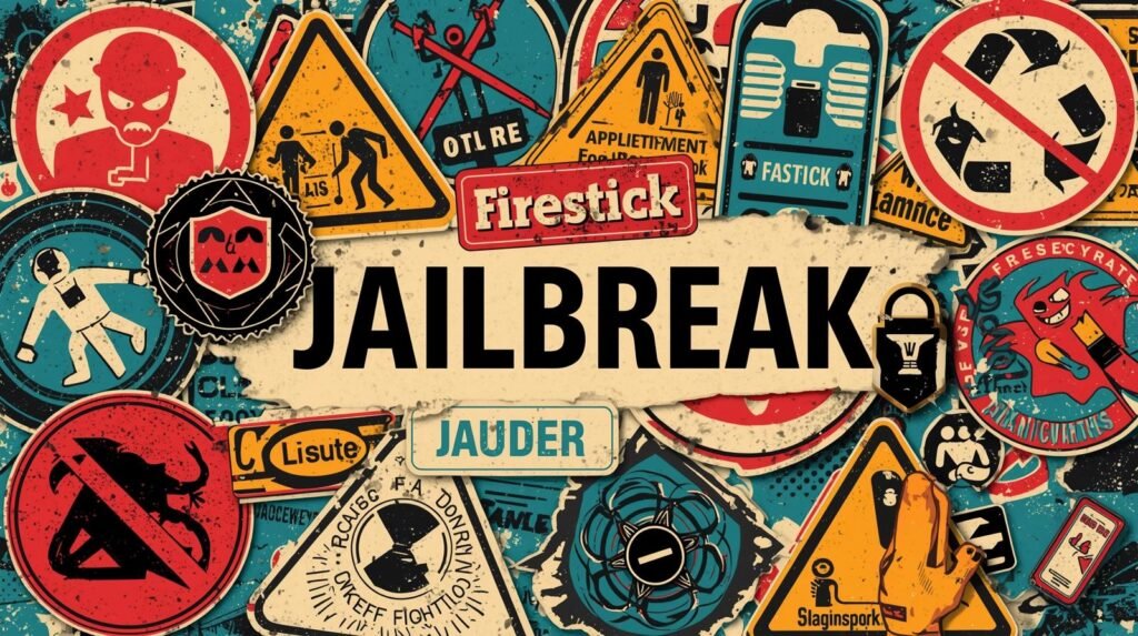 Retro jailbreak-themed collage with pop art symbols, JAILBREAK text, and vibrant colors.