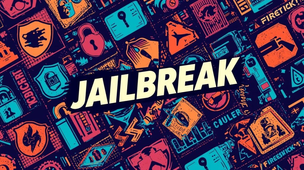 Jailbreak theme collage with bold text, security icons, rebellious colors, and tech elements.
