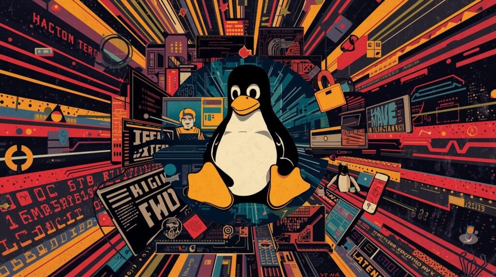 Best Linux Distro for Hacking: How to Choose the Right One for Your Lab 🧭 4 Tux the Linux mascot in a vibrant, futuristic, digital-themed cityscape.