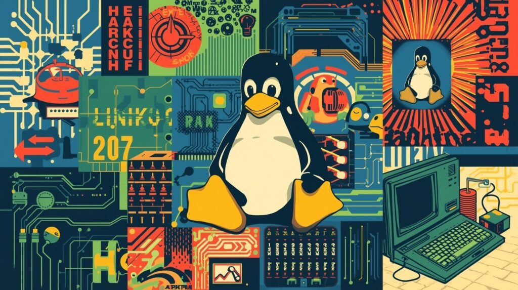 Best Linux Distro for Hacking: How to Choose the Right One for Your Lab 🧭 5 Linux Tux mascot surrounded by circuit board imagery and retro-tech elements, illustrating innovation.