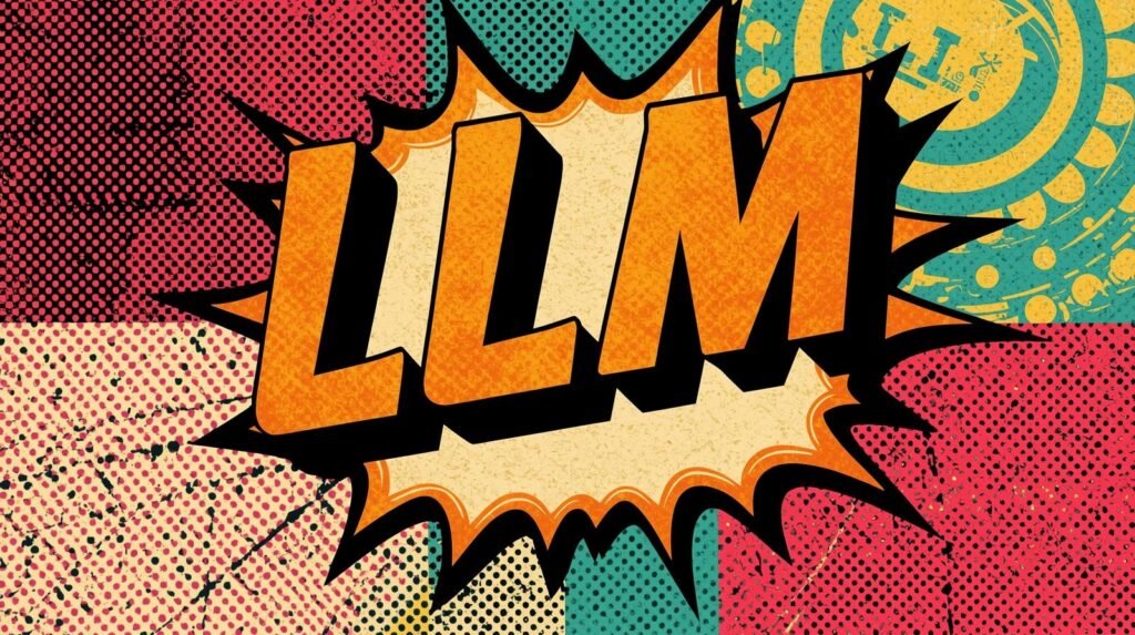 Pop art-style illustration featuring LLM with vibrant colors and comic book patterns.