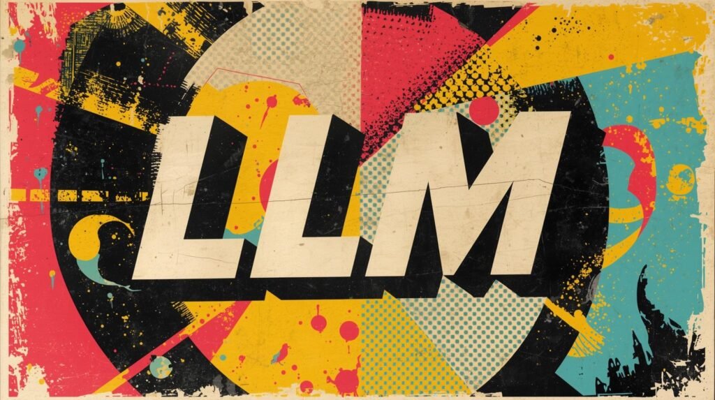 Bold LLM typography in vibrant pop art-inspired abstract background with vivid colors and geometric patterns.