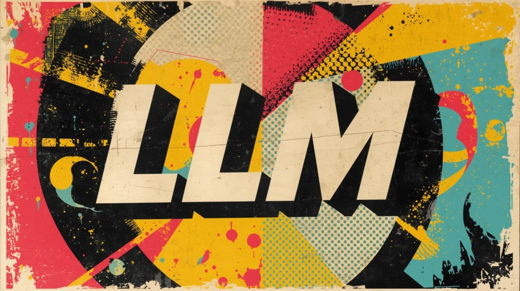 Bold LLM typography in vibrant pop art-inspired abstract background with vivid colors and geometric patterns.