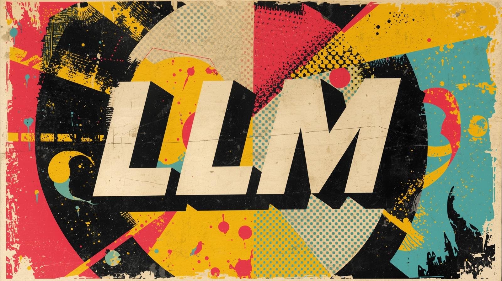 Bold LLM typography in vibrant pop art-inspired abstract background with vivid colors and geometric patterns.