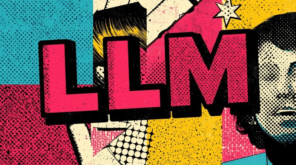 Pop art image featuring bold LLM letters with vibrant colors and retro comic style.