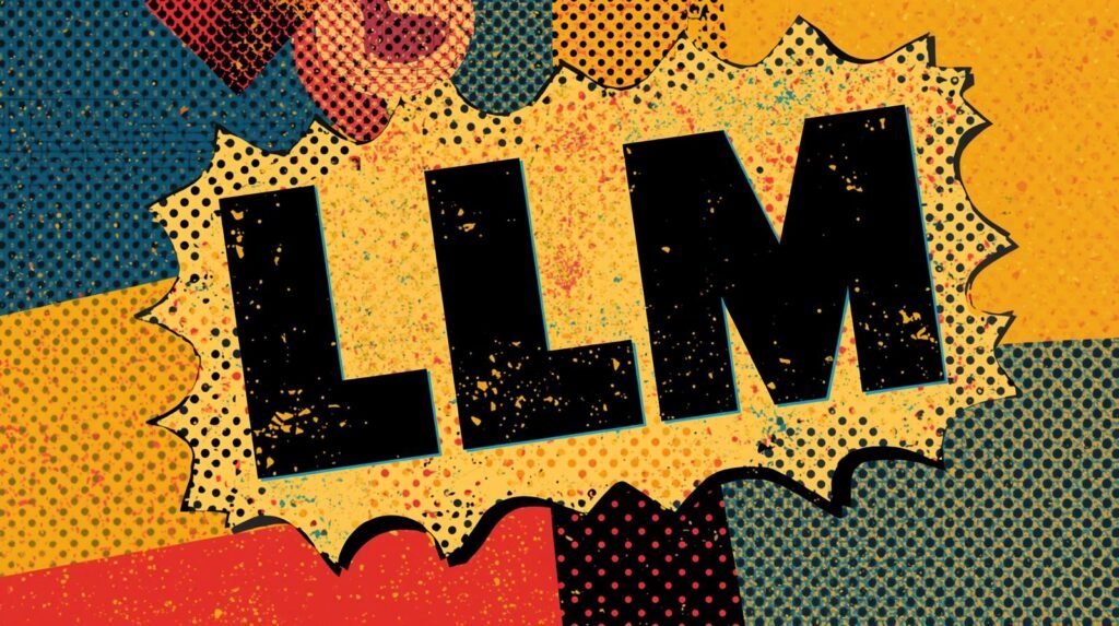 Pop art style LLM with comic speech bubble, vibrant colors, and dynamic patterns.