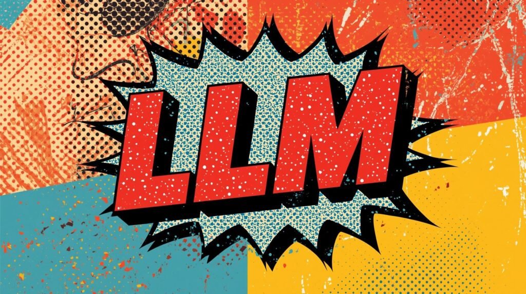Pop art explosion with LLM in bold comic style, vibrant colors, and dynamic patterns.