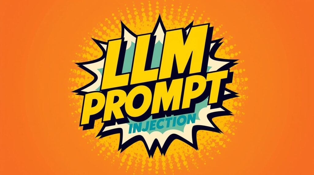 Comic-style graphic design reading LLM PROMPT INJECTION on an energetic orange background.
