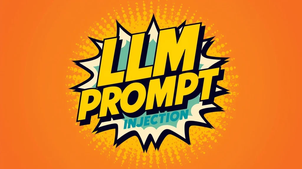 Comic-style graphic design reading LLM PROMPT INJECTION on an energetic orange background.