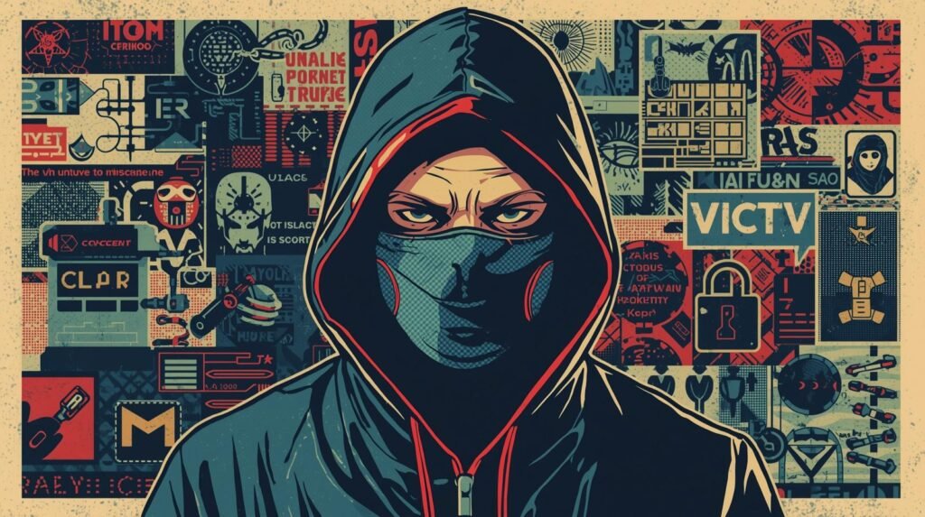 Mysterious hooded figure in cyberpunk art symbolizing technology, surveillance, and rebellion.