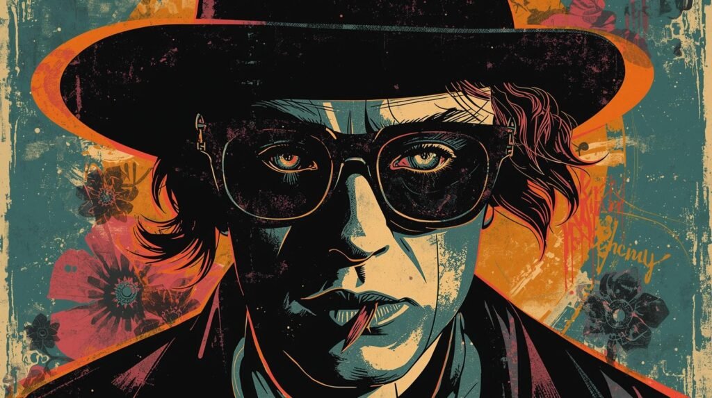 Mysterious graphic art portrait with vibrant colors, wide-brimmed hat, and urban floral background.