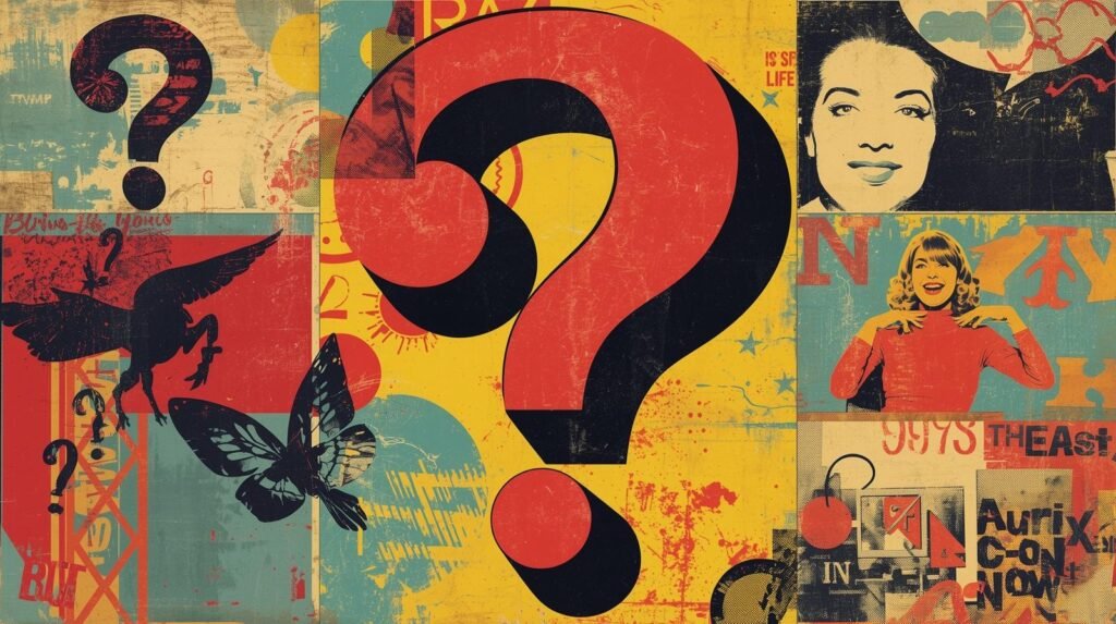 Retro pop art collage with a central question mark, vintage figures, and abstract elements.