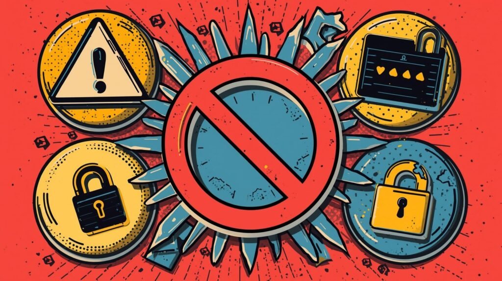 Digital security warning: prohibition symbol, locks, and alert icons on red background.