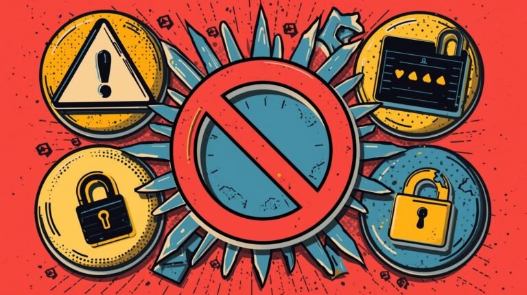 Digital security warning: prohibition symbol, locks, and alert icons on red background.