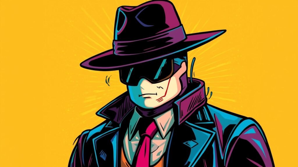 Mysterious noir figure in trench coat and fedora with scar and yellow background.