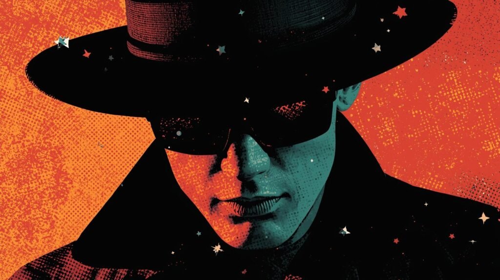 Mysterious figure in wide-brimmed hat and sunglasses, orange comic-style background with stars.