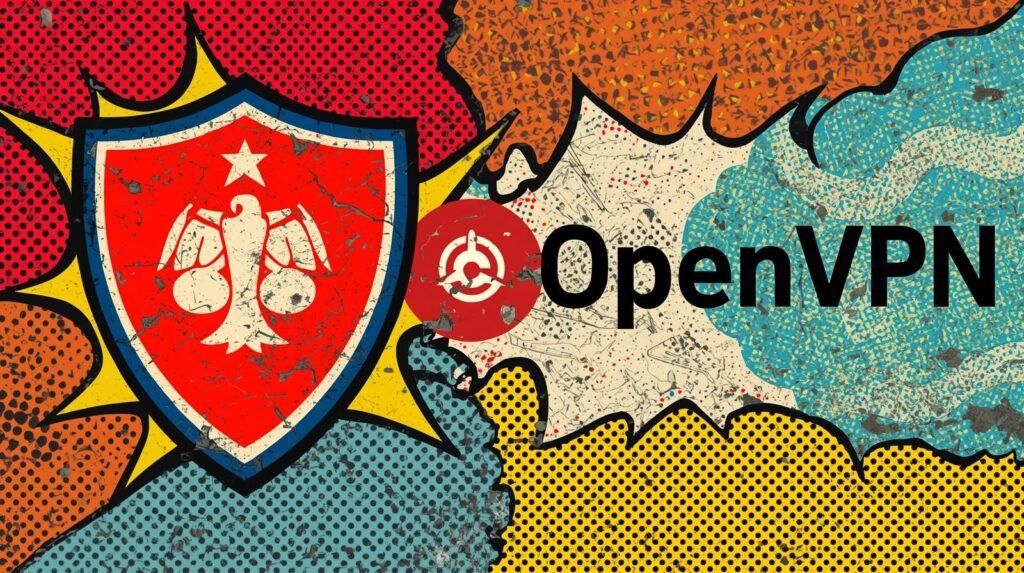 Pop art image featuring OpenVPN logo, shield with eagle, vibrant patterns, and speech bubbles.