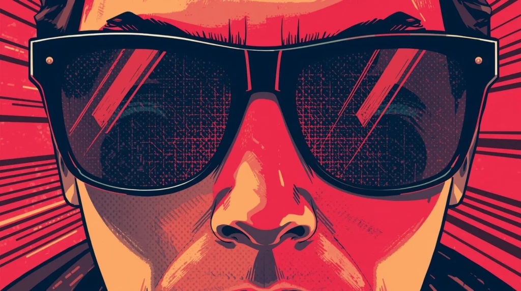 Pop-art illustration of a mysterious face with large, reflective sunglasses and a vivid red background.