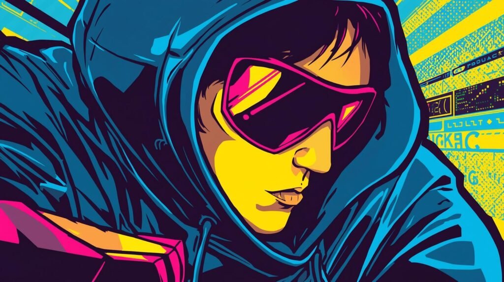 Cyberpunk hoodie illustration with neon colors, futuristic sunglasses, and abstract background.