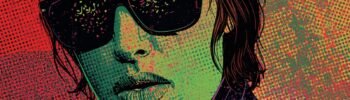 Pop-art portrait with green skin, oversized sunglasses, and vibrant red-orange background.