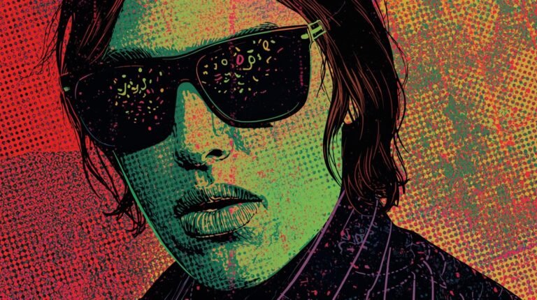 Pop-art portrait with green skin, oversized sunglasses, and vibrant red-orange background.