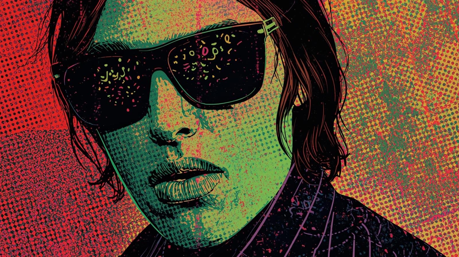Pop-art portrait with green skin, oversized sunglasses, and vibrant red-orange background.