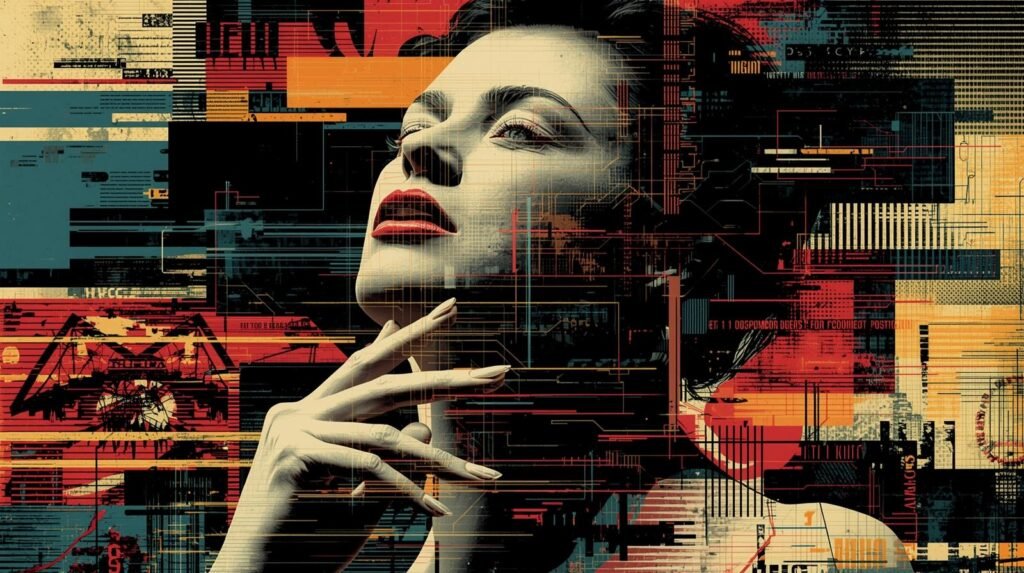 Elegant womans face amid abstract digital patterns in monochrome and vivid colors.