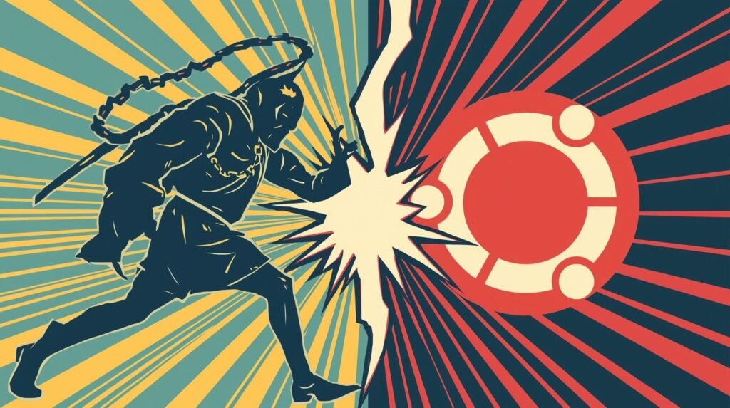 Kali Linux vs Ubuntu for Ethical Hacking: Do You Really Need Kali? 🤔 6 Dynamic confrontation between a powerful figure and a technological symbol in a stylized comic style.