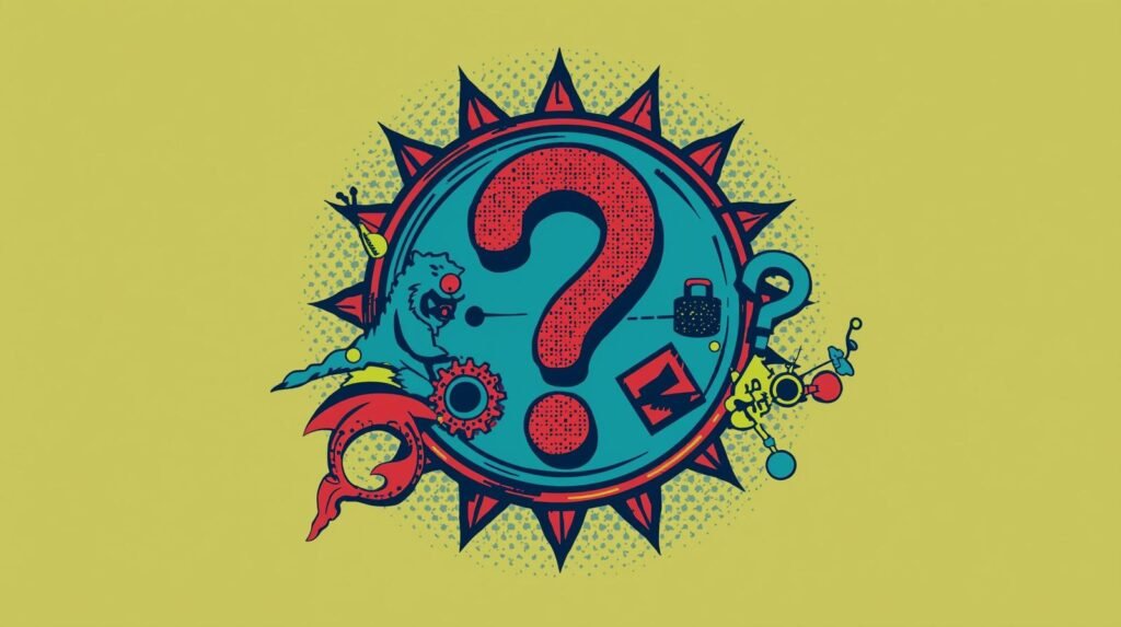 Colorful illustration with red question mark, starburst pattern, abstract shapes, and playful elements.