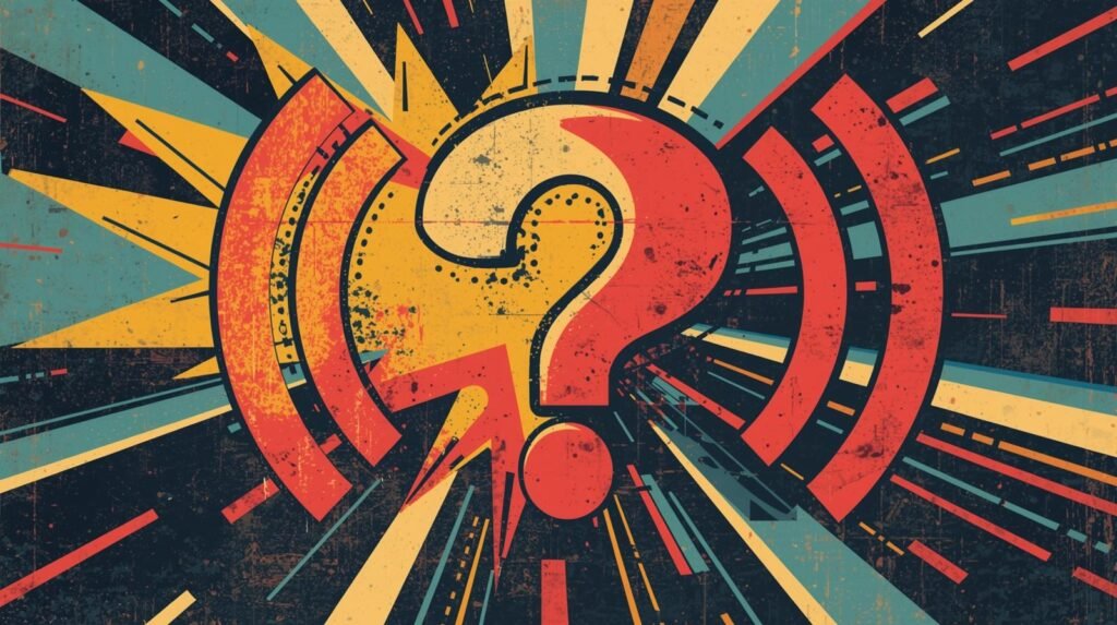 Retro comic-style question mark design with vibrant colors and geometric patterns.