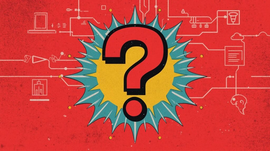 Red question mark with tech symbols on a comic-style explosion background.