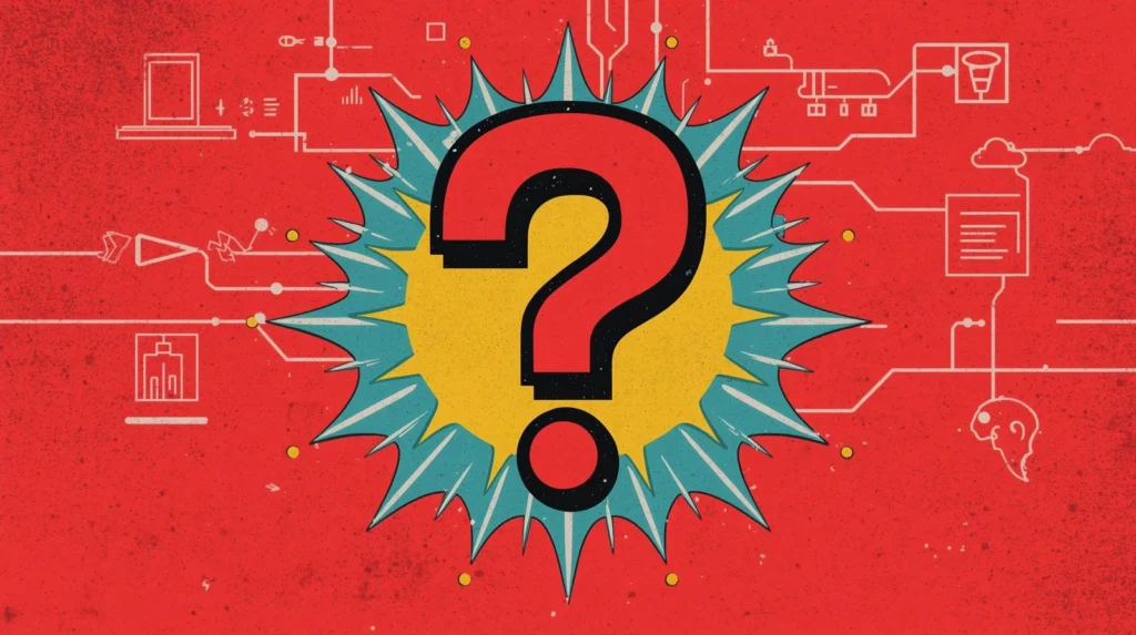 Red question mark with tech symbols on a comic-style explosion background.
