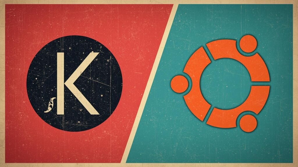 Vintage logo comparison: elegant serif K on red, modern orange geometric on teal.