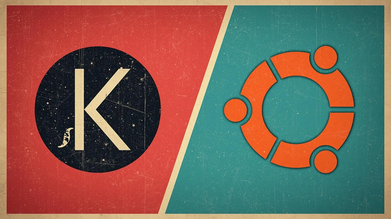 Vintage logo comparison: elegant serif K on red, modern orange geometric on teal.