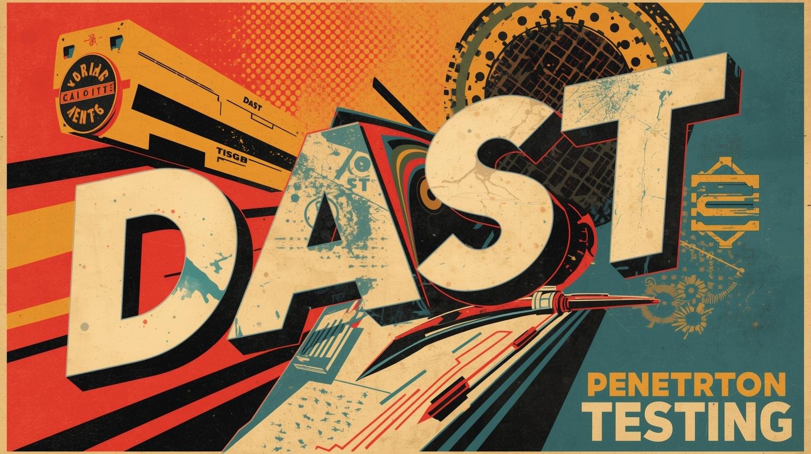 DAST vs Penetration Testing: 5 Critical Differences Explained 🧪 1 Retro-futuristic DAST poster featuring high-speed train and mechanical elements.