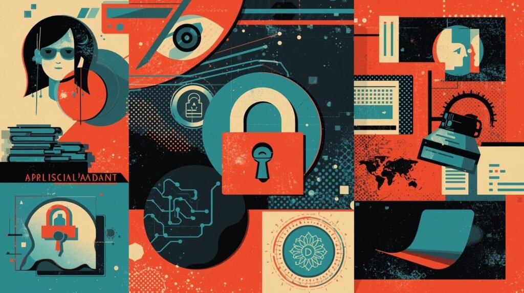 Cybersecurity illustration with padlocks, technology elements, and abstract design in a vintage style.