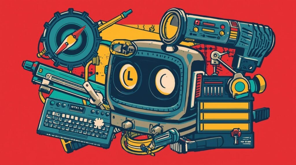 Steampunk robot illustration with gears and screens against a vibrant red background.