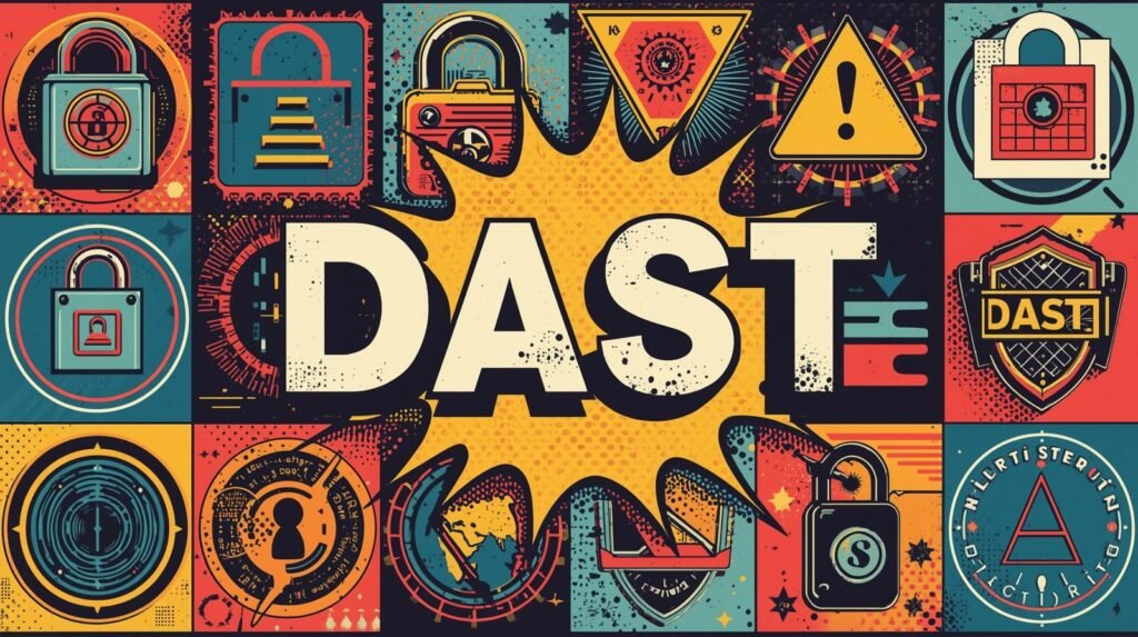DAST vs Penetration Testing: 5 Critical Differences Explained 🧪 5 Pop-art style cybersecurity illustration featuring DAST, locks, and technology symbols.